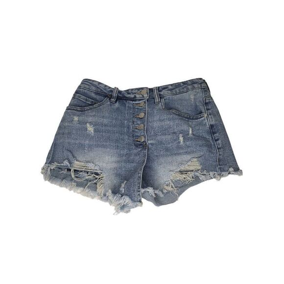 Madden NYC Skort Women Sz 5 Super High Rise Medium Wash Button Up Distressed - Picture 1 of 6